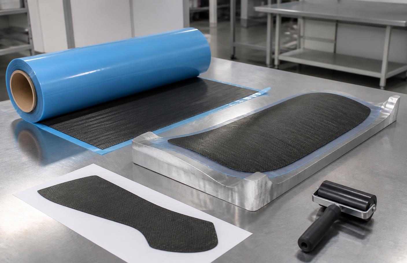 Carbon fibre prepreg roll and cut plies on an aluminium layup tool