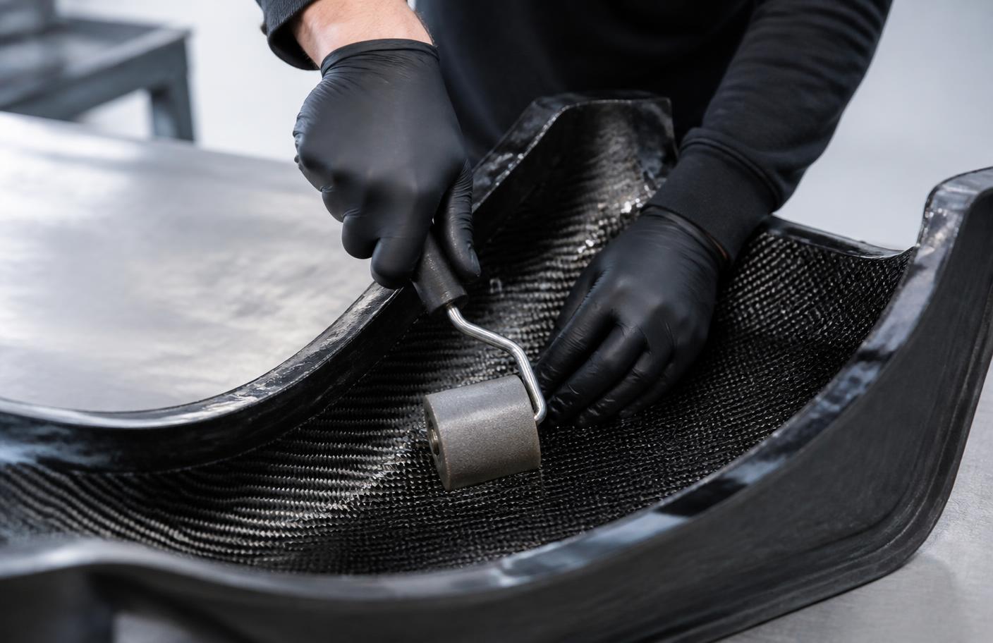 Gloved hands consolidating carbon fibre cloth in a mould during wet layup